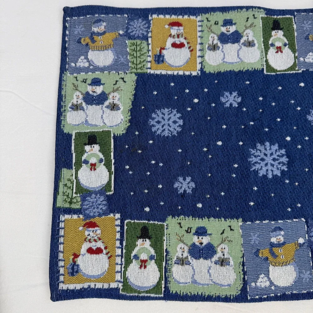 Vintage Woven Tapestry Snowman Placemats Blue Winter Holiday Set of 2